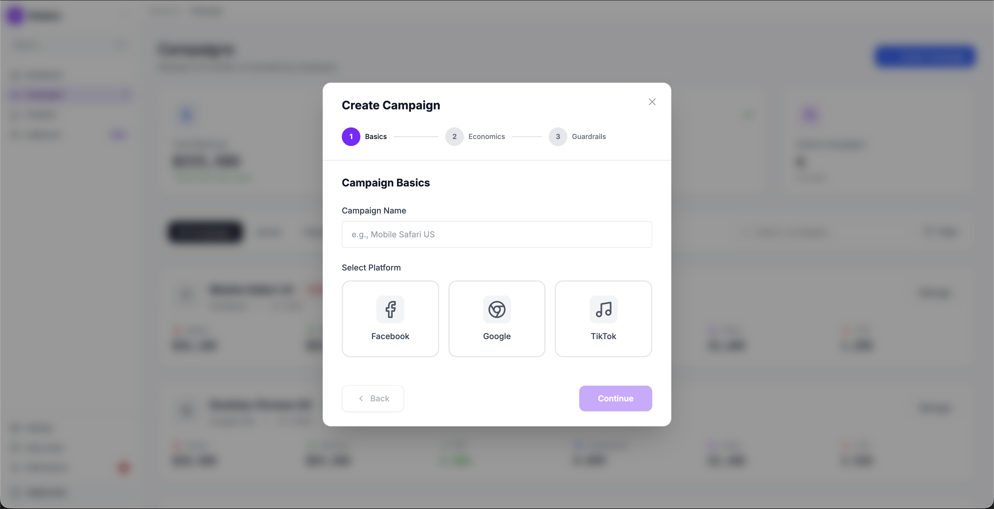 Campaign creation wizard with three steps: Basics, Economics, and Guardrails