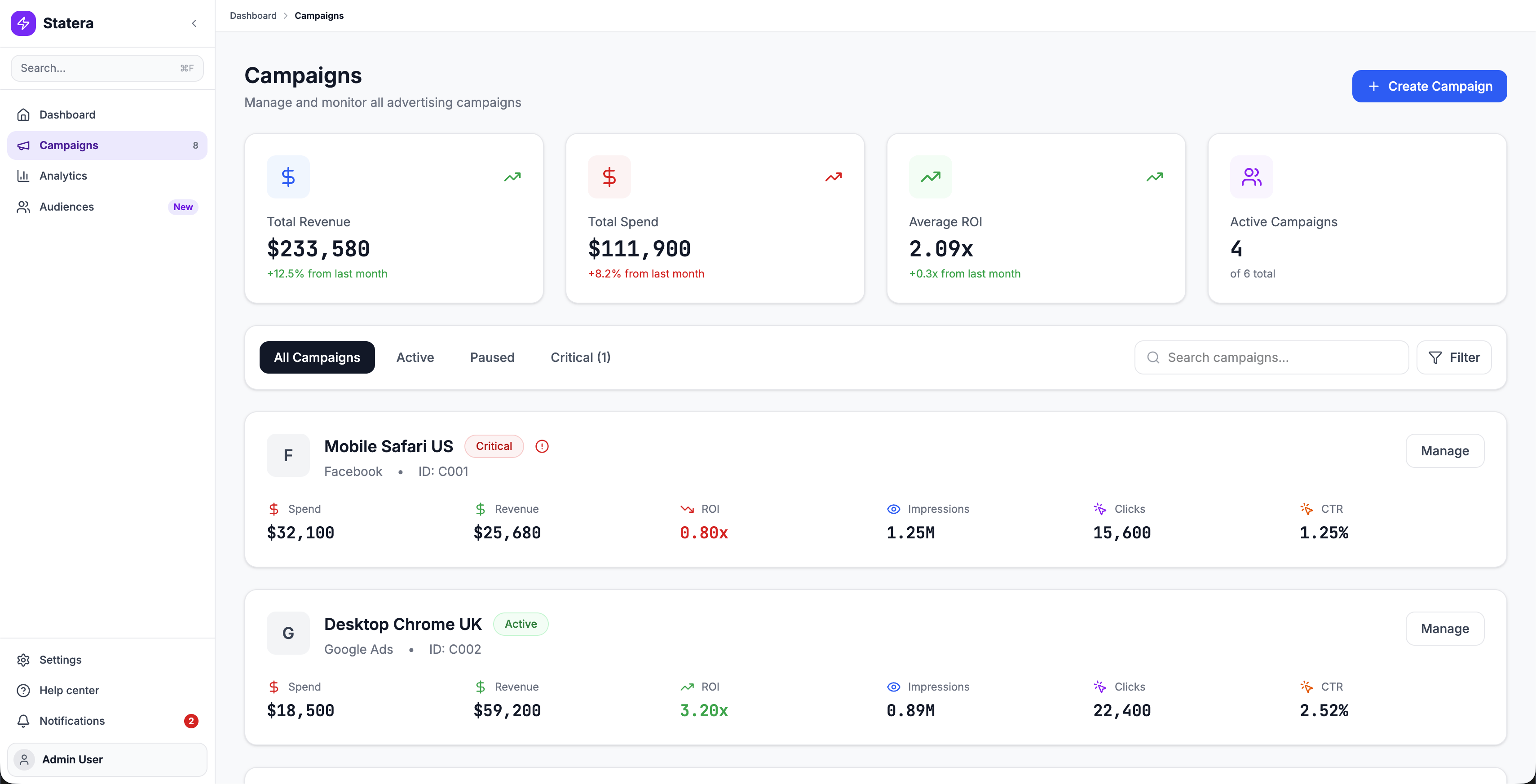 Redesigned campaigns view with KPI cards, smart filtering, and health-scored campaign cards