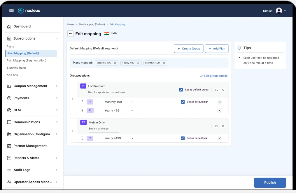 Nucleus plan mapping screen with grouped subscription plans and priorities